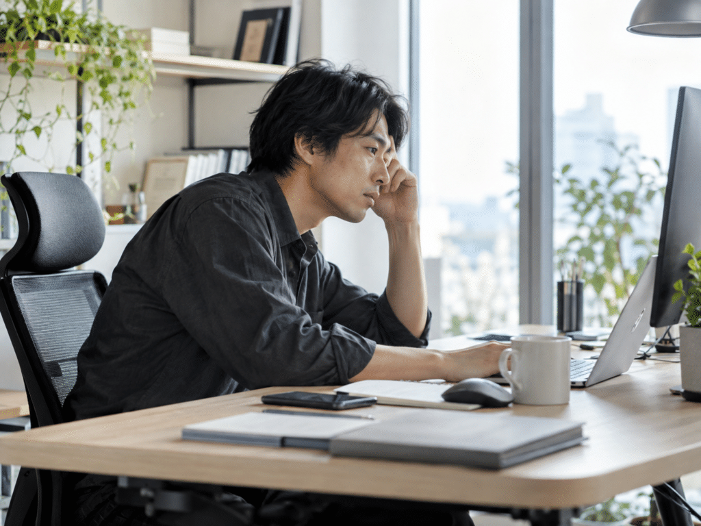 デスクで長時間パソコンに向かっている人