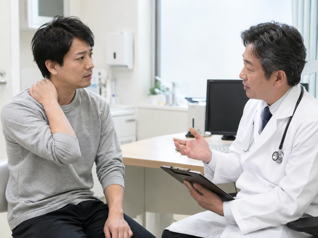 首や肩の状態を医師に相談している人
