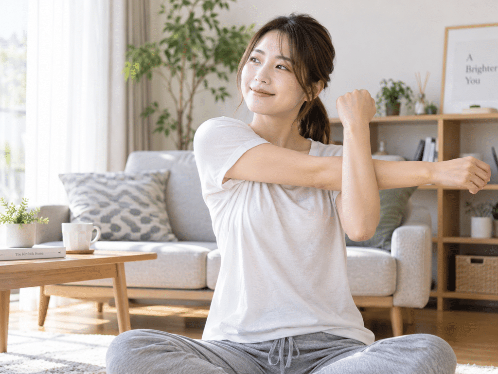 自宅で肩のストレッチをしている女性