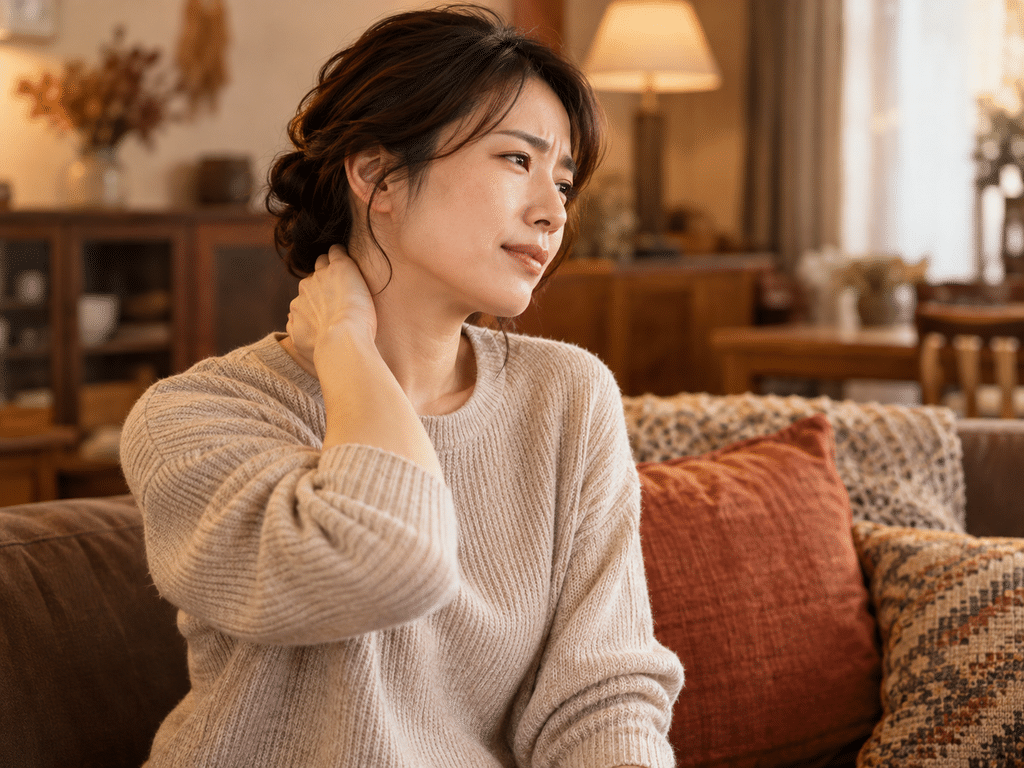 首の後ろに手を当てている女性