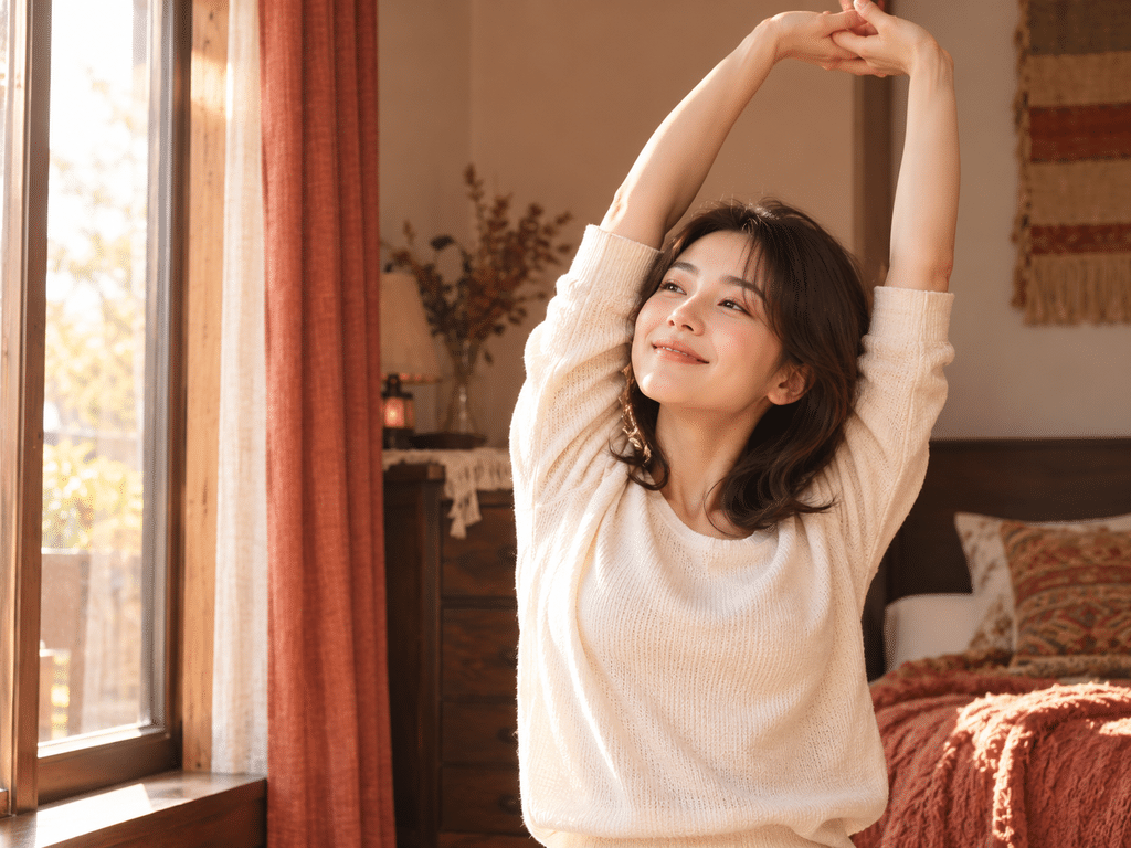 窓辺で伸びをしている笑顔の女性
